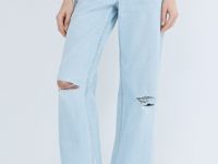 Широкие джинсы с разрезами на коленях, Голубой