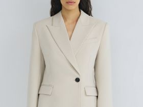 Приталенный двубортный жакет, Бежевый