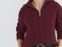 Джемпер с косами и воротником-стойкой на молнии, Фиолетовый