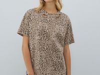 Футболка с леопардовым принтом и эффектом стирки, Бежевый