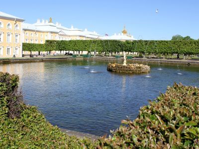 Пруд западный квадратный с фонтаном