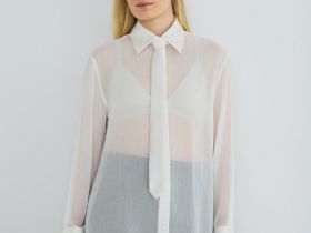 Блузка из жатого шифона с галстуком, Белый