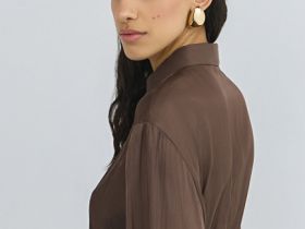 Блузка из сатина с поясом, Коричневый