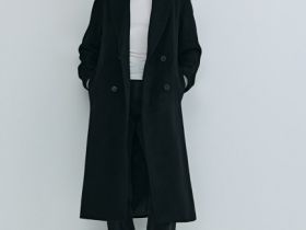 Длинное двубортное пальто из шерсти, Черный