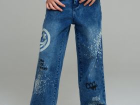 Брюки текстильные джинсовые утепленные флисом для девочек