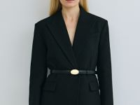 Двубортный жакет с поясом, Черный