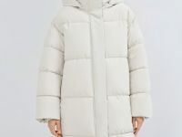Длинный стёганый пуховик с капюшоном, Бежевый