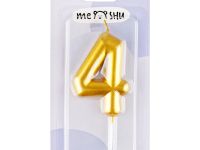 Свеча для торта с держателем MESHU "Цифра 4", 6 см, золотая, блистер