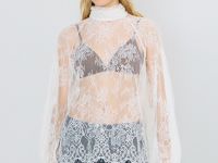 Кружевная блузка с воротником-стойкой, Бежевый