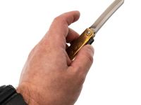 Нож складной Higonokami Nagao Kanekoma, 80мм, сталь Aogami Damascus 3 слоя, рукоять латунь золотая