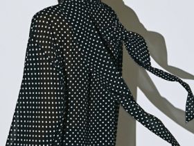 Блузка из шифона с рукавом разрезом и бантом, Черный