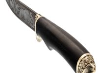 Шкуросъёмный нож Егерь, дамасская сталь, литье, гравировка, рукоять граб