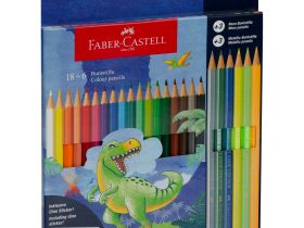 Набор карандашей цветные Faber-Castell "Dinosaur", 18 цв. + 3 цв. металл. + 3 цв. неон. + наклейки,
