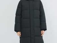 Длинный стёганый пуховик с капюшоном, Черный