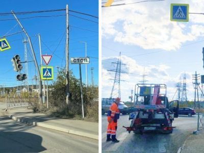 Накренившийся светофор в Якутске поправили после жалобы 