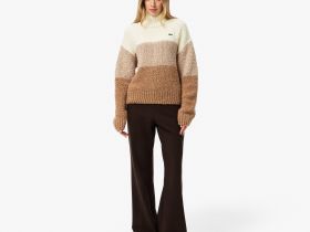 Женский свитер Lacoste в полоску с высоким воротом классического кроя