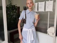 Голубое мини-платье с воротником поло из искусственной замши Глория Джинс
