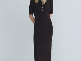 Платье в рубчик с воротником поло, Коричневый