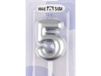 Свеча для торта с держателем MESHU "Цифра 5", 6 см, серебряная, блистер