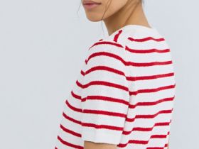Кардиган в полоску с коротким рукавом, Красный
