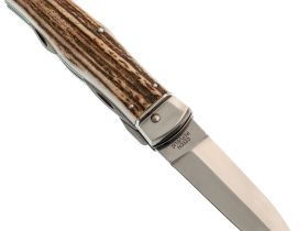 Автоматический многофункциональный нож Mikov Predator, сталь 420, рукоять рог оленя, чехол из кожи