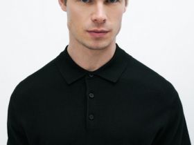 Вязаное поло с коротким рукавом, Черный