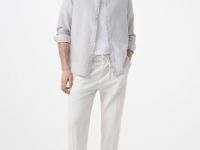 Рубашка из смесового льна с воротником мао, Бежевый