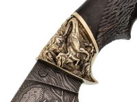 Кованый нож Юрский, дамасская сталь, рукоять карельская береза, художественное травление