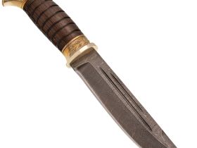 Туристический нож Витязь-2, сталь дамаск, художественная резьба, рукоять венге