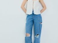 Широкие джинсы с рваным дизайном, Голубой