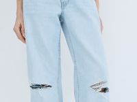 Широкие джинсы с разрезами на коленях, Голубой