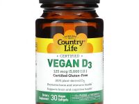 Country Life, Сертифицированный веганский витамин D3, 125 мкг (5000 МЕ), 30 веганских мягких таблеток