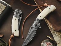 Складной нож Trivisa Puppis-02W/P, сталь Damascus, рукоять кость/сталь