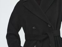 Длинное двубортное пальто с поясом, Черный