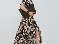 Льняное платье с разрезом спереди, Коричневый