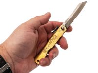 Нож складной Higonokami Nagao Kanekoma, 80мм, сталь Aogami Damascus 3 слоя, рукоять латунь золотая