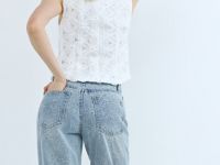 Широкие джинсы на высокой посадке в цветочный жаккард, Голубой