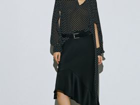 Блузка из шифона с рукавом разрезом и бантом, Черный