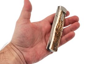 Автоматический многофункциональный нож Mikov Predator, сталь 420, рукоять рог оленя, чехол из кожи