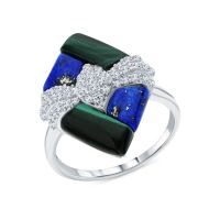 Серебряное кольцо с лазуритом, фианитами и малахитом