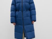 Пуховое пальто с капюшоном и талией на кулиске