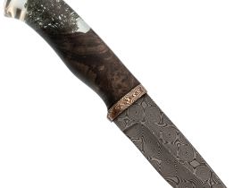 Нож Лесник, сталь дамаск, авторская рукоять «мох», мокуме гане