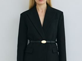 Двубортный жакет с поясом, Черный