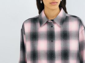 Рубашка в клетку со стразами, Розовый