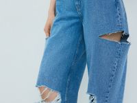 Широкие джинсы с рваным дизайном, Голубой