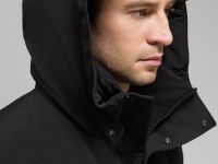 Пуховое полупальто с накладными карманами и капюшоном