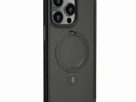 Чехол-накладка Hoco Stand Magsafe для iPhone 16 Pro (кольцо-держатель/пластиковый) прозрачно-черный (черная рамка)