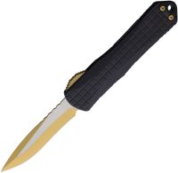 Автоматический фронтальный нож Heretic Manticore E Recurve Gold PVD, сталь MagnaCut, рукоять алюминий, черный