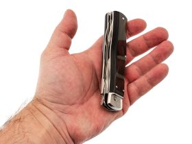 Выкидной многопредметный нож Mikov Predator, сталь 420, рукоять рог буйвола, кожаный чехол