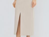 Трикотажная прямая юбка миди, Бежевый